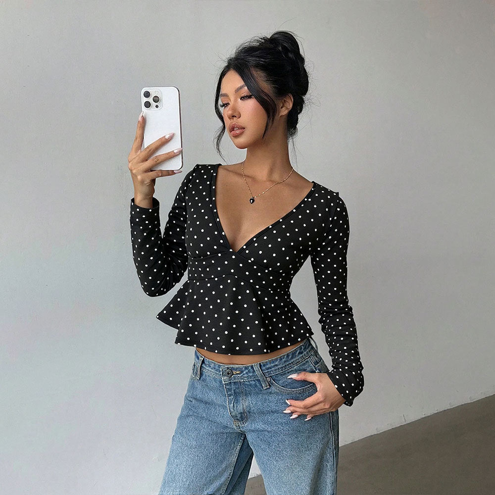 Damen Bluse Peplum Schnitt Polka Dot Muster