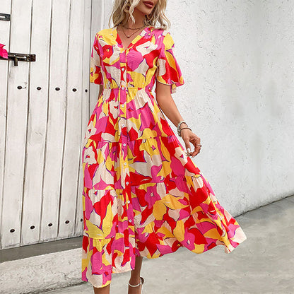 Damen Maxikleid Blumenmuster Knopfleiste Rüschen Details Blau - Norvielle