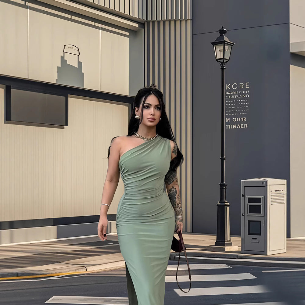 Damen Maxikleid Elegantes One-Shoulder-Design Figurbetont Seiden