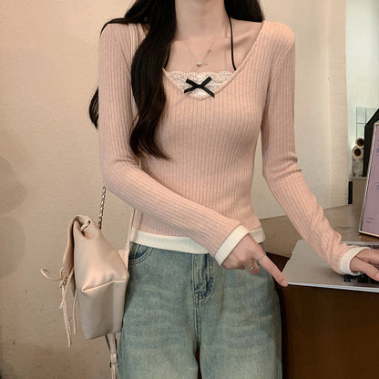 Damen Langarmshirt V-Ausschnitt Spitze Weiß