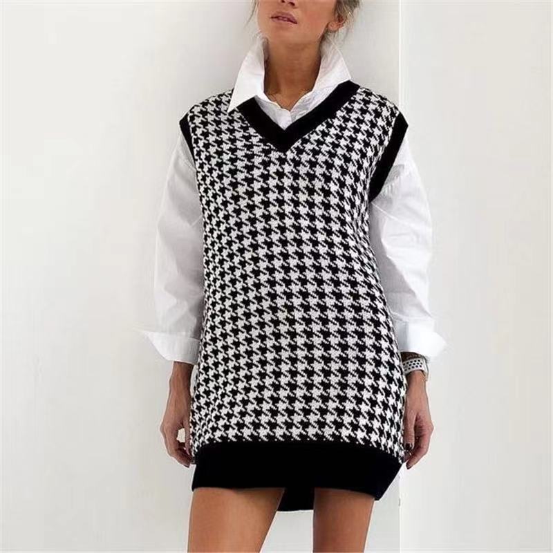 Damen Strickkleid Hahnentrittmuster V-Ausschnitt Schwarz - Norvielle