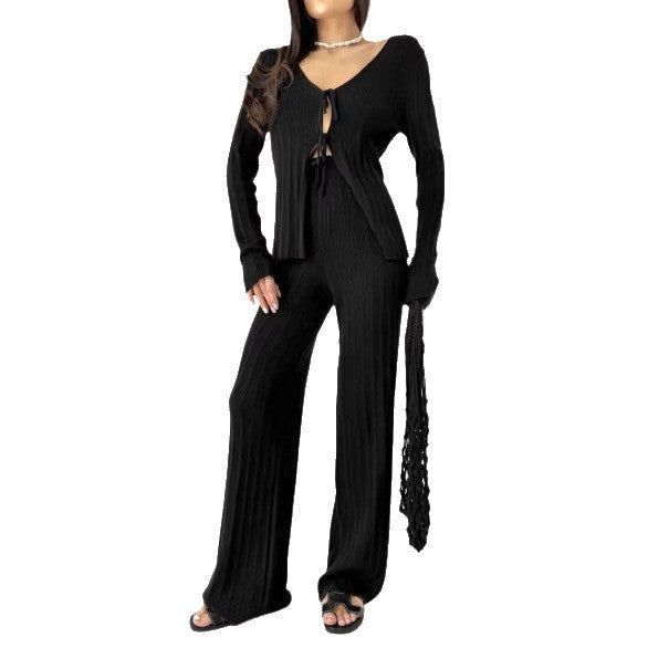 Damen Strick-Set V-Ausschnitt Kordelzug Norvielle