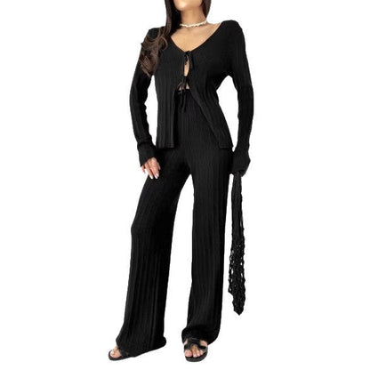 Damen Strick-Set V-Ausschnitt Kordelzug Norvielle