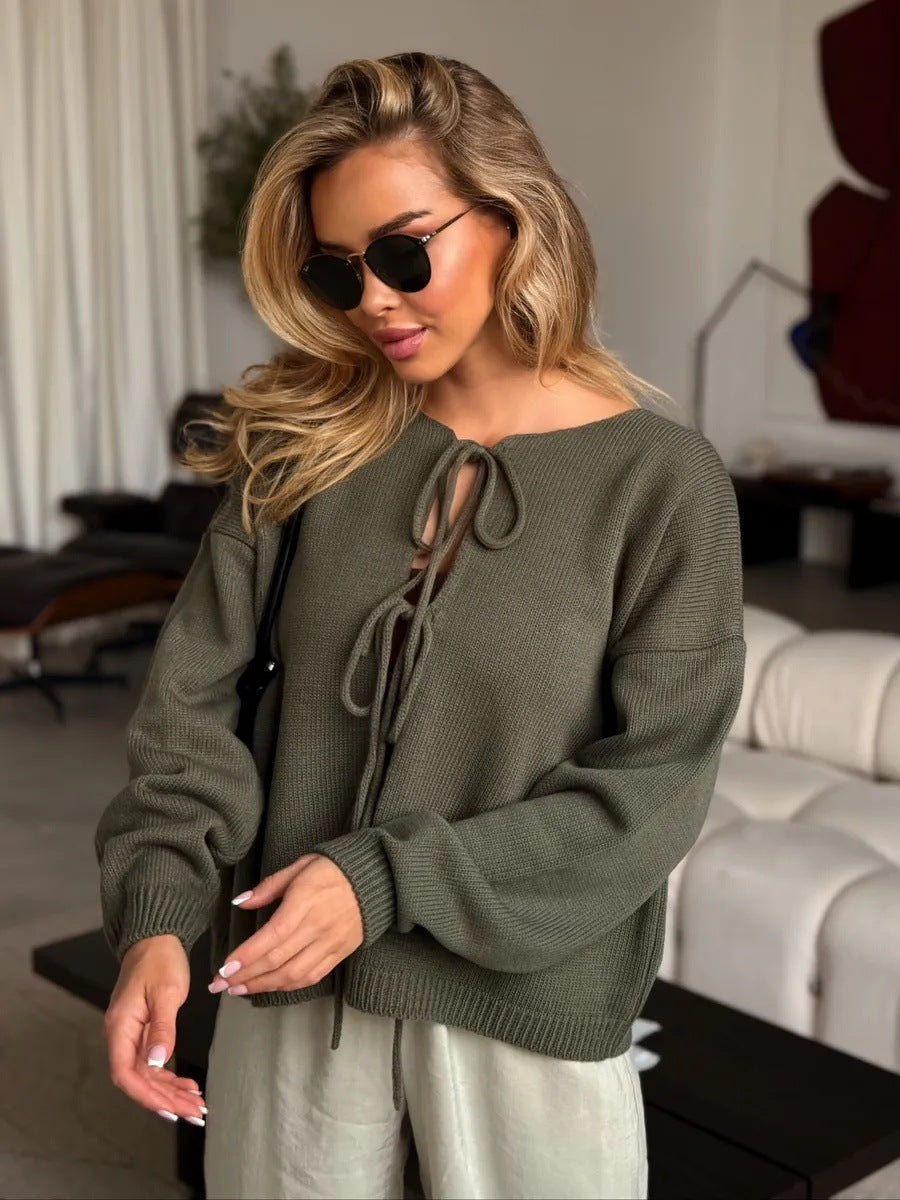 Damen Strickpullover Weit Schnitt Dekorative Schnürung Beige