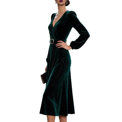 Damen Midikleid Samt Optik Glitzer Akzente Elegantes Design