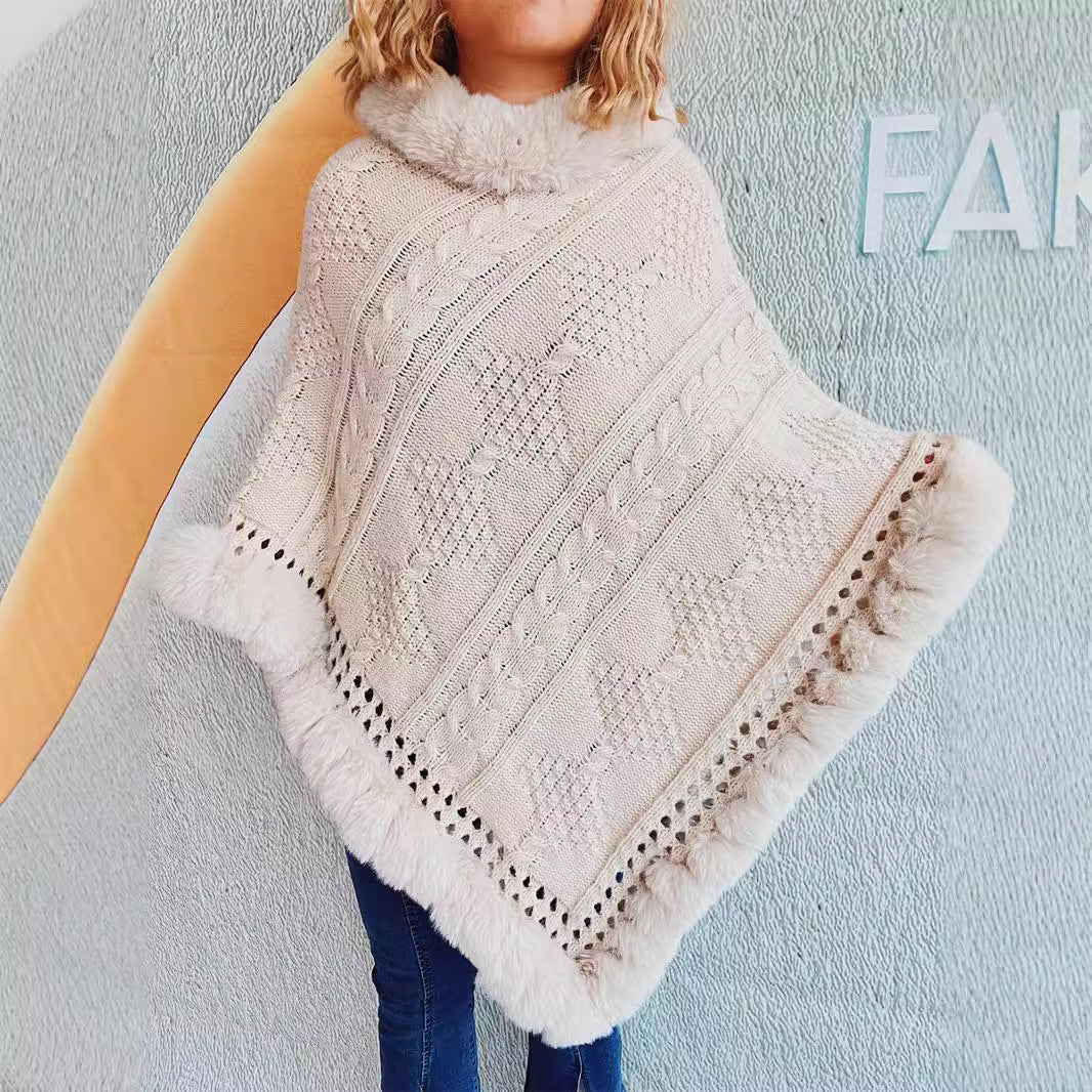 Damen Strickponcho Weiches Fell Norvielle Zopfmuster Beige