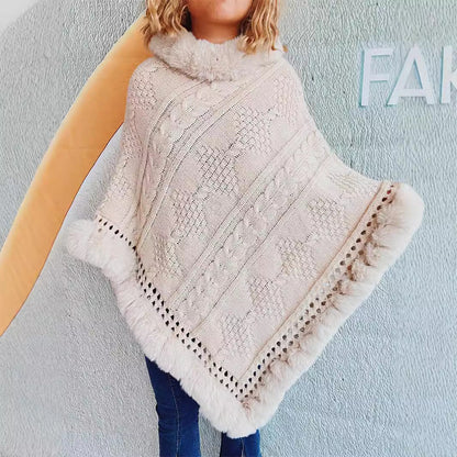 Damen Strickponcho Weiches Fell Norvielle Zopfmuster Beige