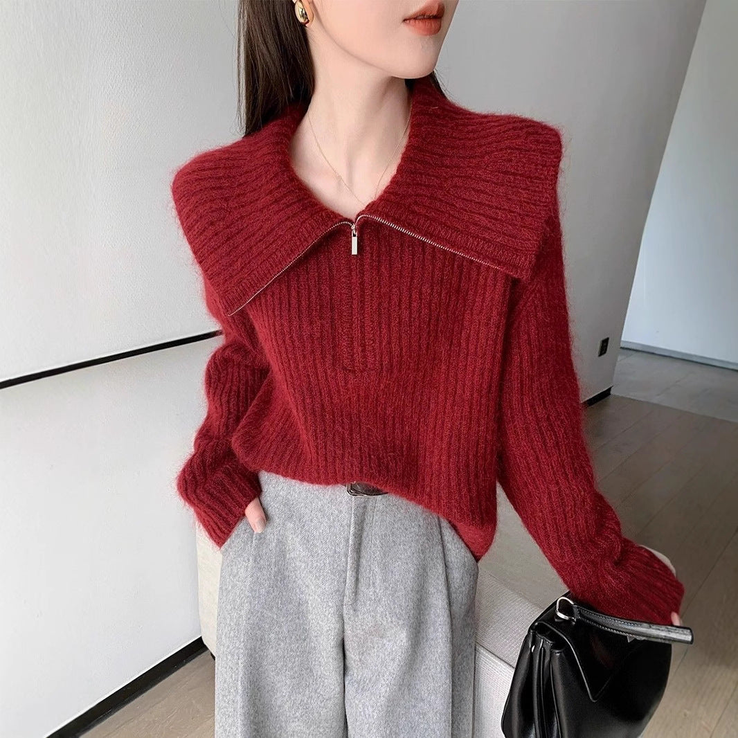 Damen Strickpullover Großer Kragen Reißverschluss Norvielle
