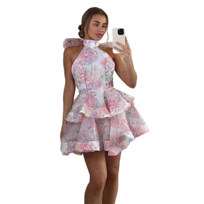 Damen Cocktailkleid Fließender Volant Hochgeschlossen Norvielle