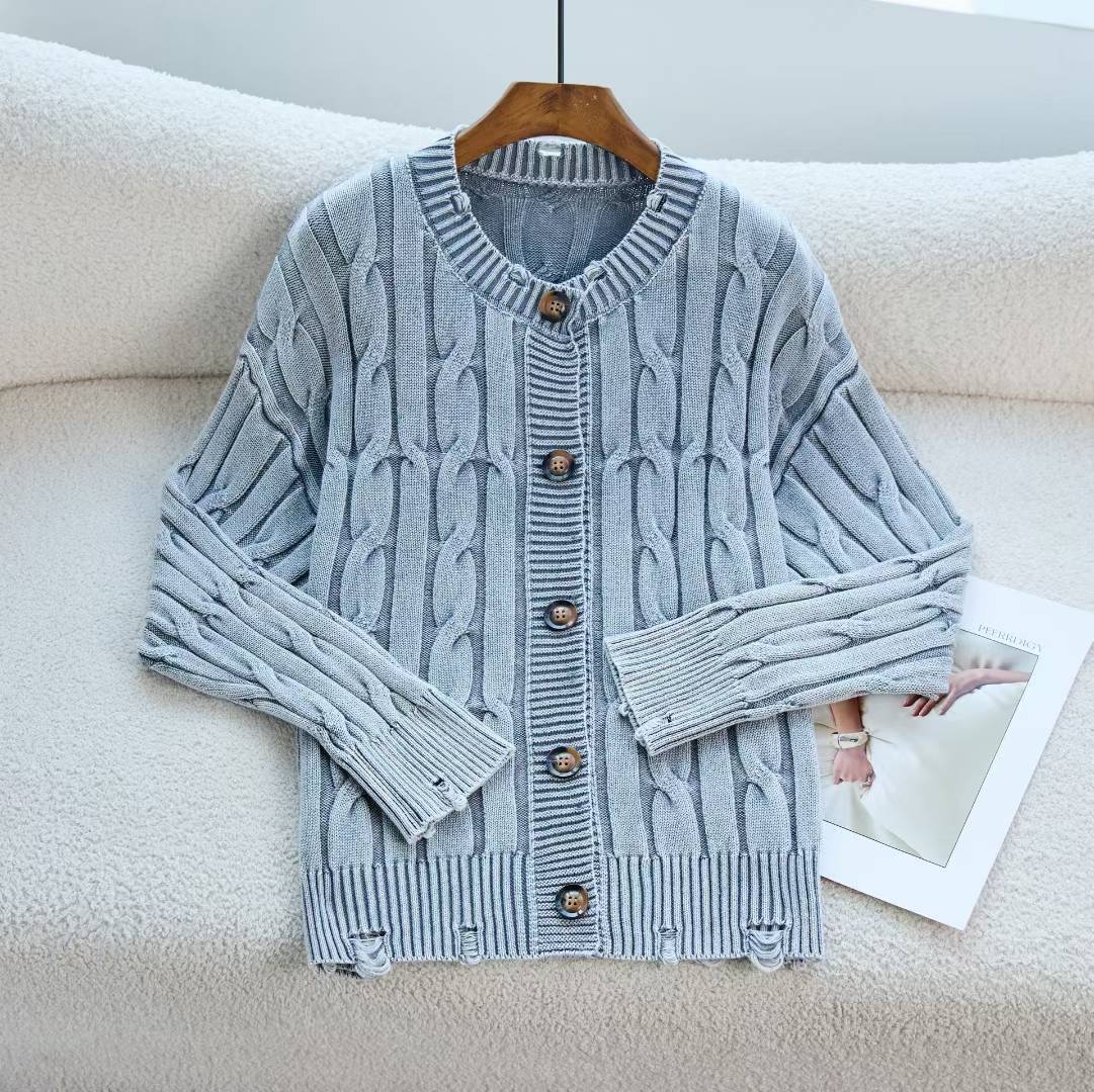 Damen Strickjacke Zopfdesign Holzknöpfe Beige