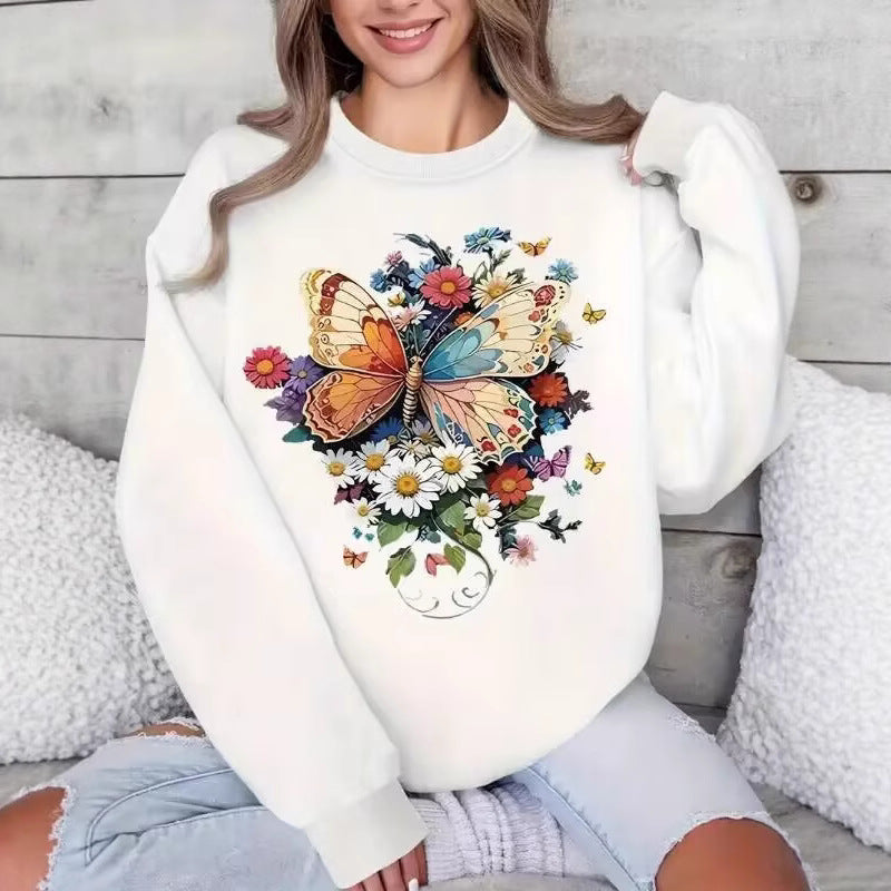 Damen Sweatshirt Langarm Floralmuster Schmetterling Norvielle