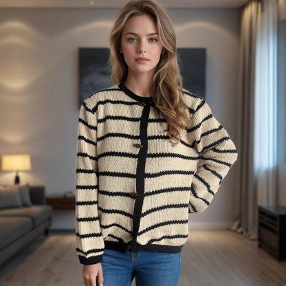 Damen Strickcardigan Lässig Holzknöpfe Streifenmuster Beige