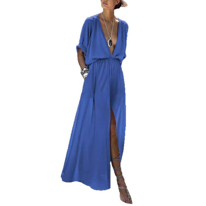 Damen Maxikleid V-Ausschnitt Hochschlitz Norvielle