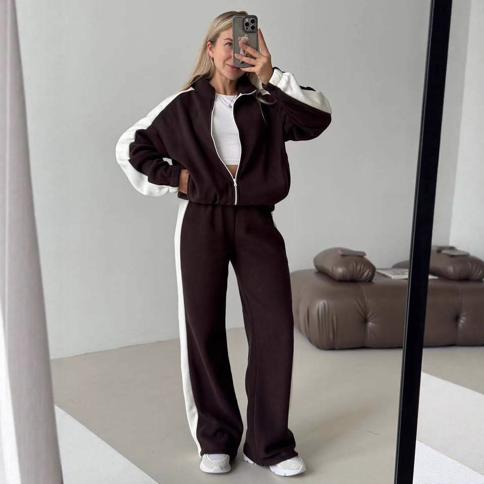 Damen Fleece-Jogginganzug Sportlich Hochkragen Seitliche Streifen - Norvielle