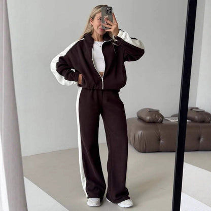 Damen Fleece-Jogginganzug Sportlich Hochkragen Seitliche Streifen - Norvielle