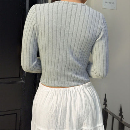 Damen Strickpullover Feine Rippstruktur Elegante Knöpfe Beige