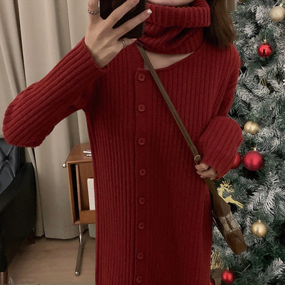 Damen Strickkleid Hochkragen Knopfverschluss Norvielle