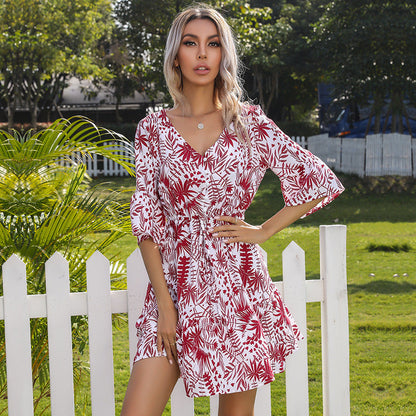 Damen Sommerkleid Blümchenmuster Voluminöse Ärmel Rüschendesign