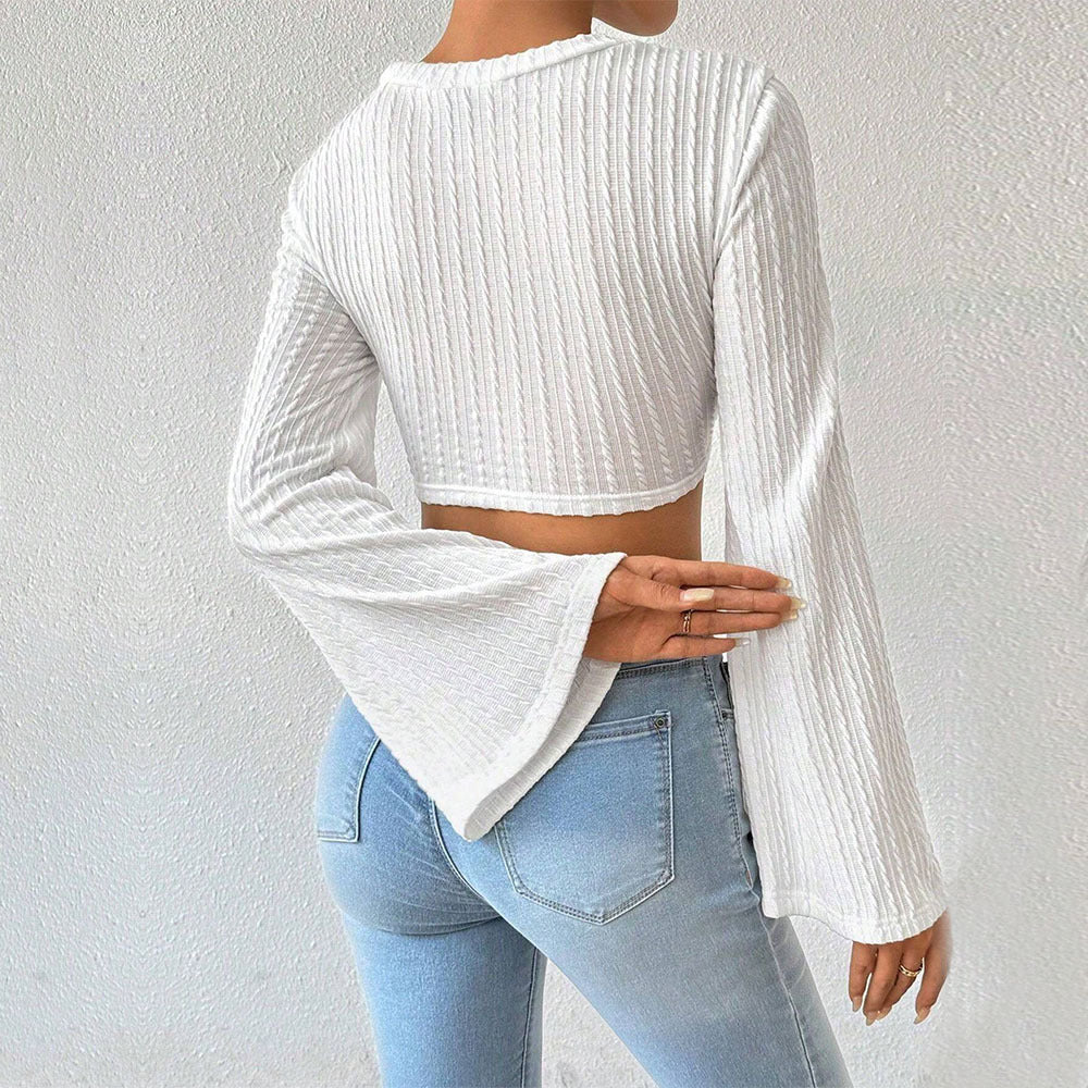 Damen Crop- Spitze Trompetenärmel Elégant Weiß