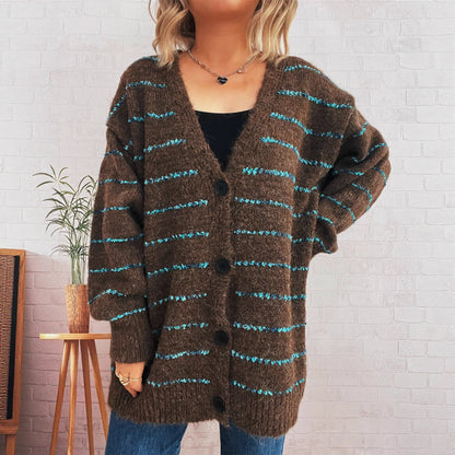 Damen Strickcardigan Streifenmuster Große Knöpfe Beige