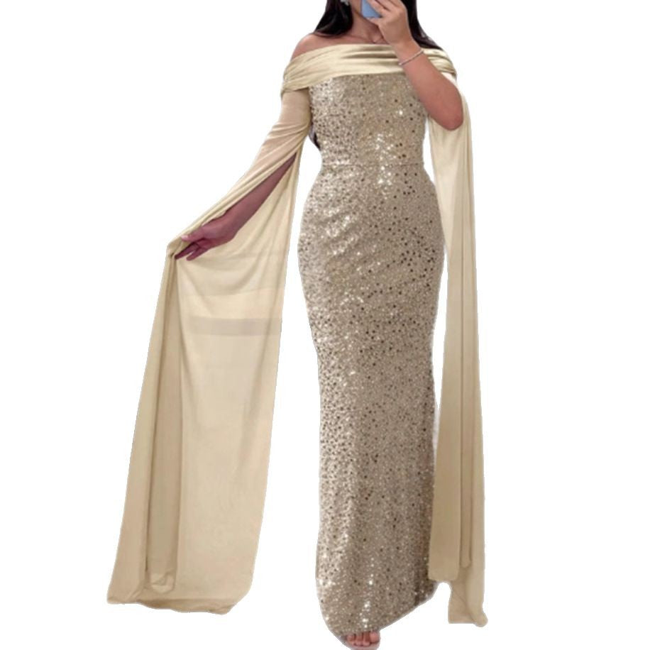 Damen Abendkleid Schulterfrei Glitzernd Langärmlig Norvielle