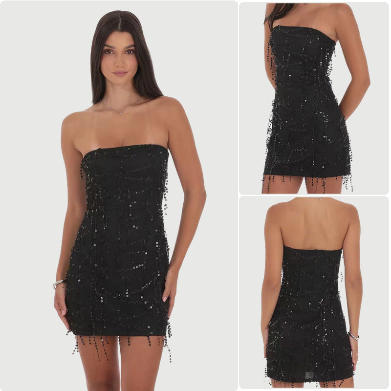 Damen Cocktailkleid Schulterfrei Pailletten Figurbetont Schwarz - Norvielle