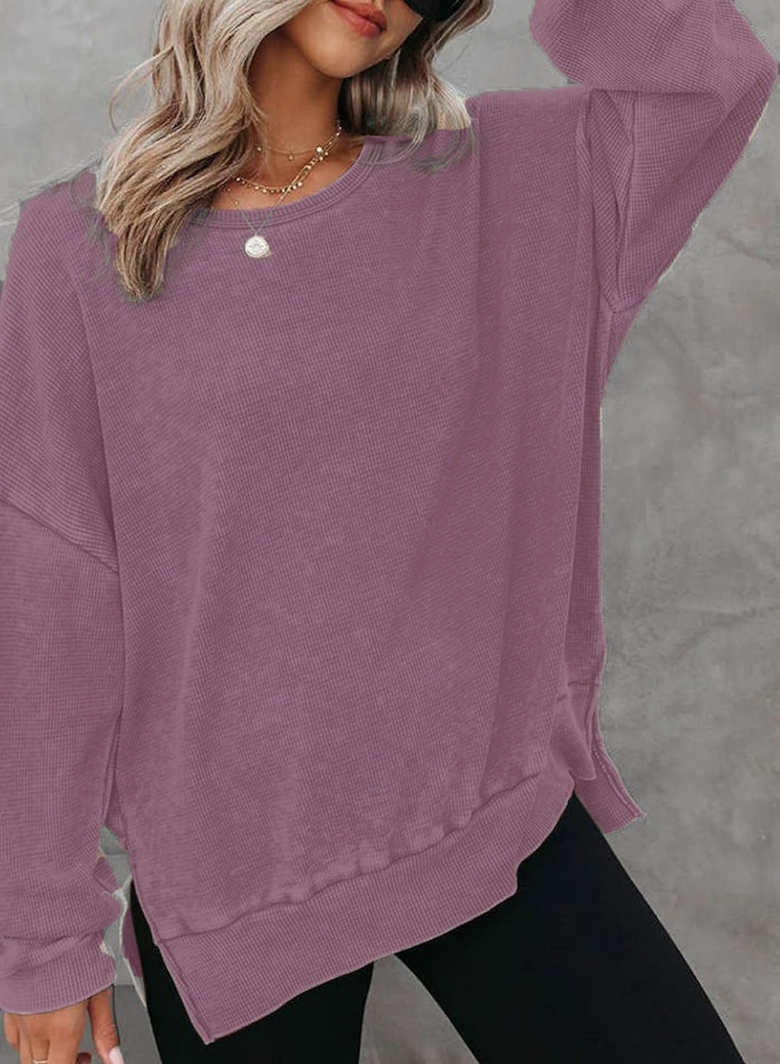 Damen Waffelpullover Mit Seitenschlitzen Norvielle