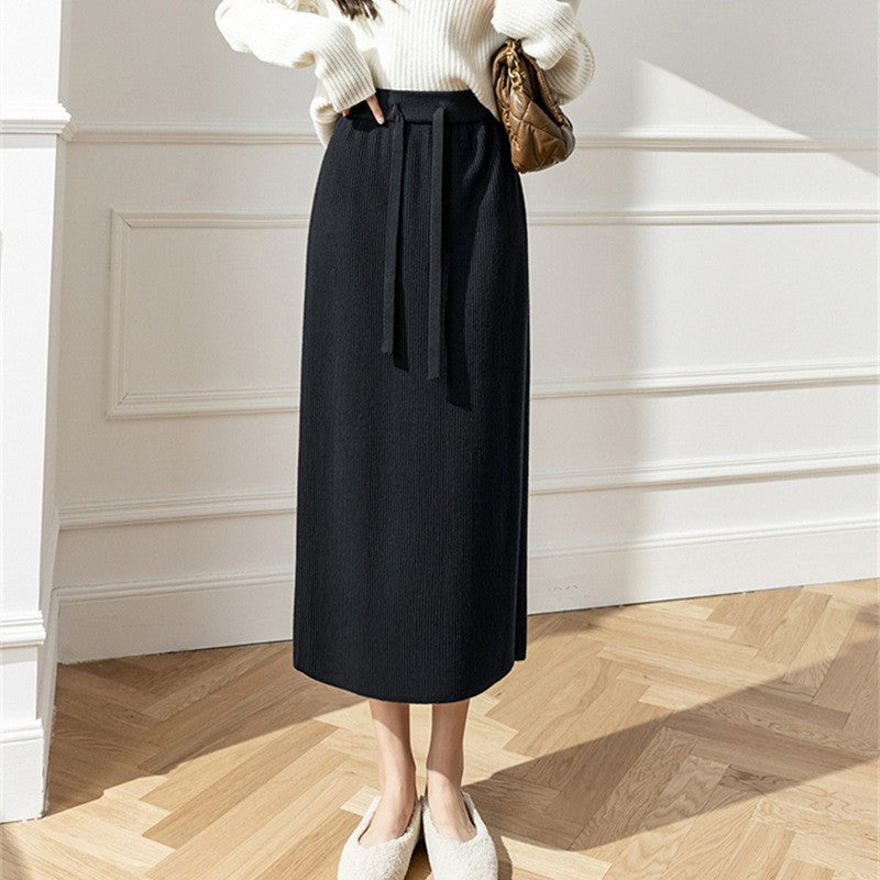 Damen Midi-Rock Elastischer Bund Taillierender Gürtel