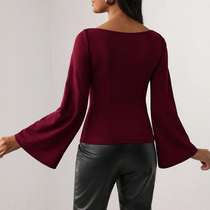 Damen Oberteil V-Ausschnitt Trompetenärmel Elegant