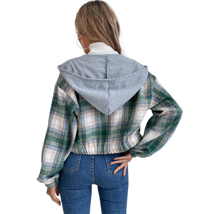 Damen Cropped Flanelljacke Kapuze Karomuster Norvielle