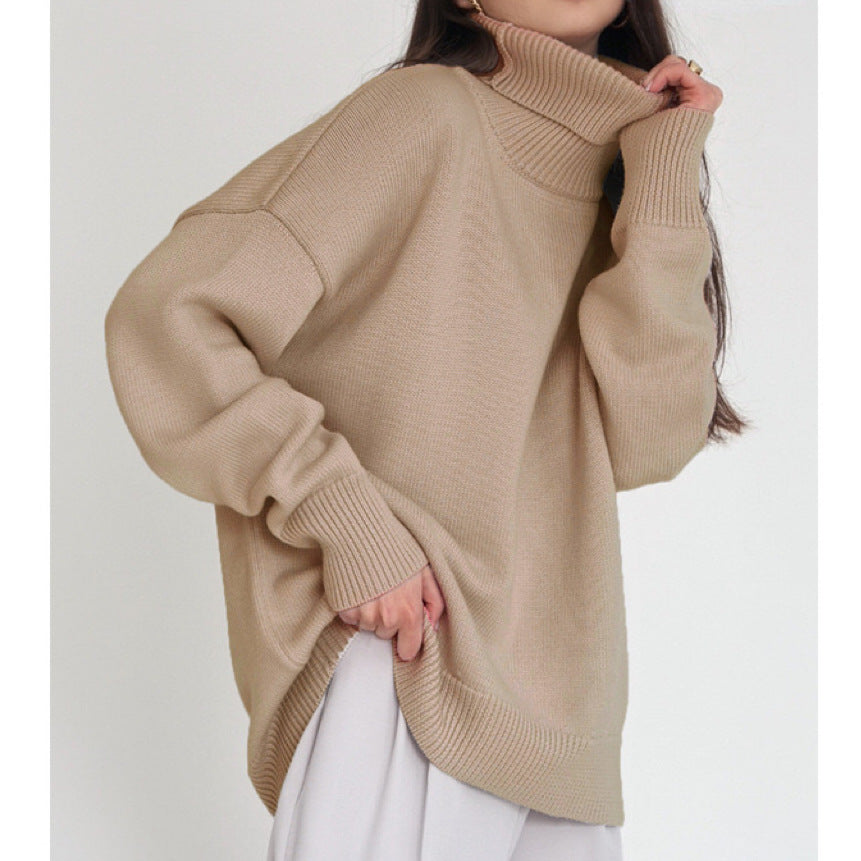 Damen Oversized Rollkragenpullover Gestrickt Beige