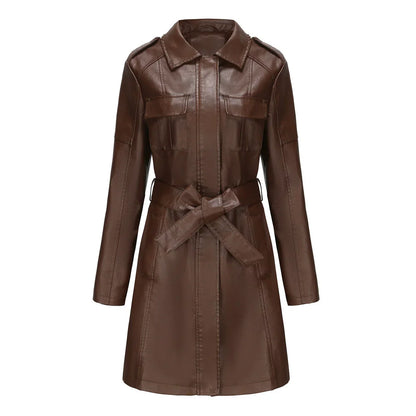 Damen Leder-Mantel Tailliert Mittellang