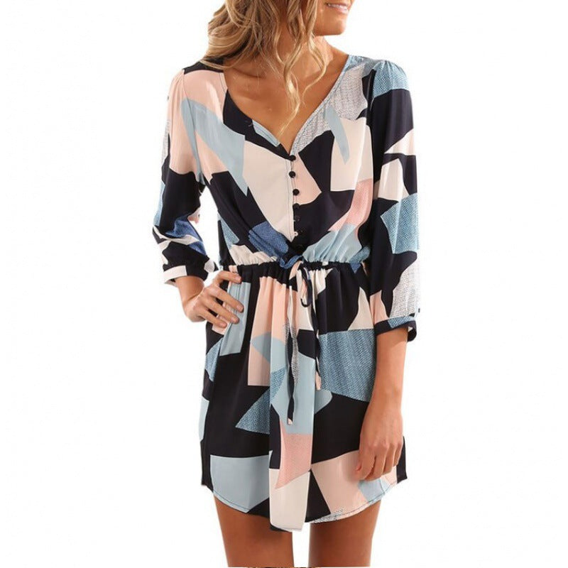 Damen Sommerkleid Halbarm Tailliert Knöpfe Norvielle