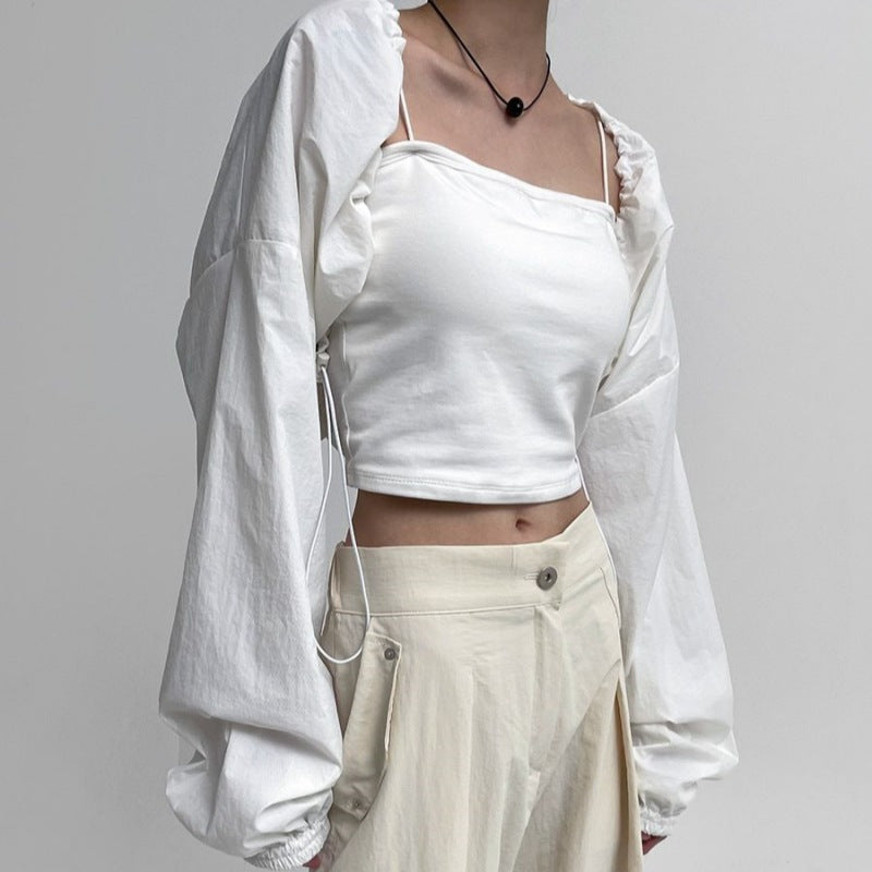 Damen Cropped Langarmbluse Rüschen Norvielle