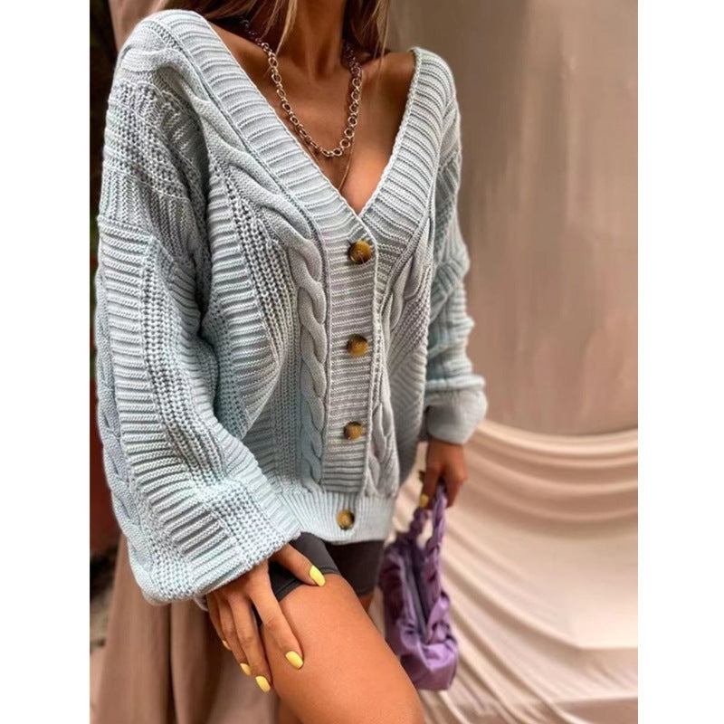 Norvielle Damen Cardigan Grobstrick Voluminöse Ärmel Große Knöpfe