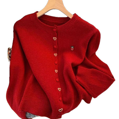 Damen Strickjacke Herz Erdbeeren Applikationen Norvielle