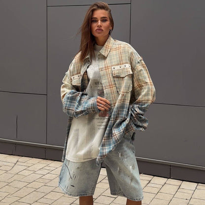 Damen Karo-Hemdjacke Oversized mit Taschen Norvielle