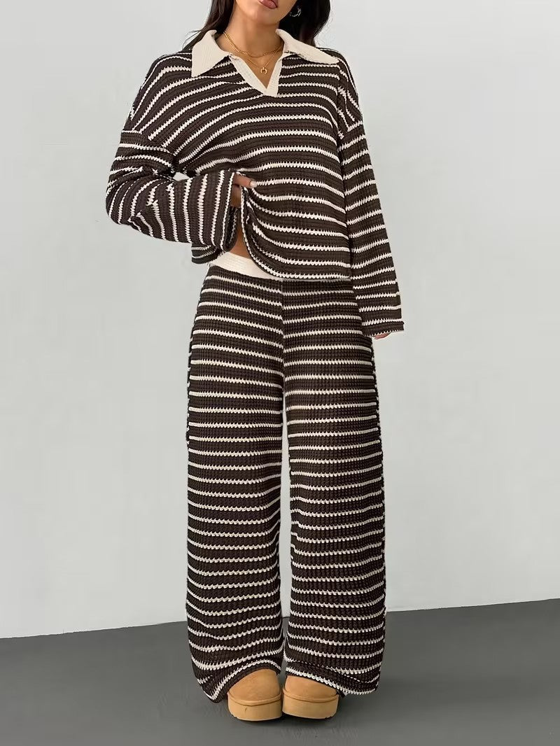Damen Loungewear-Set mit Kragen Streifen Norvielle