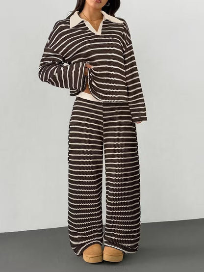 Damen Loungewear-Set mit Kragen Streifen Norvielle