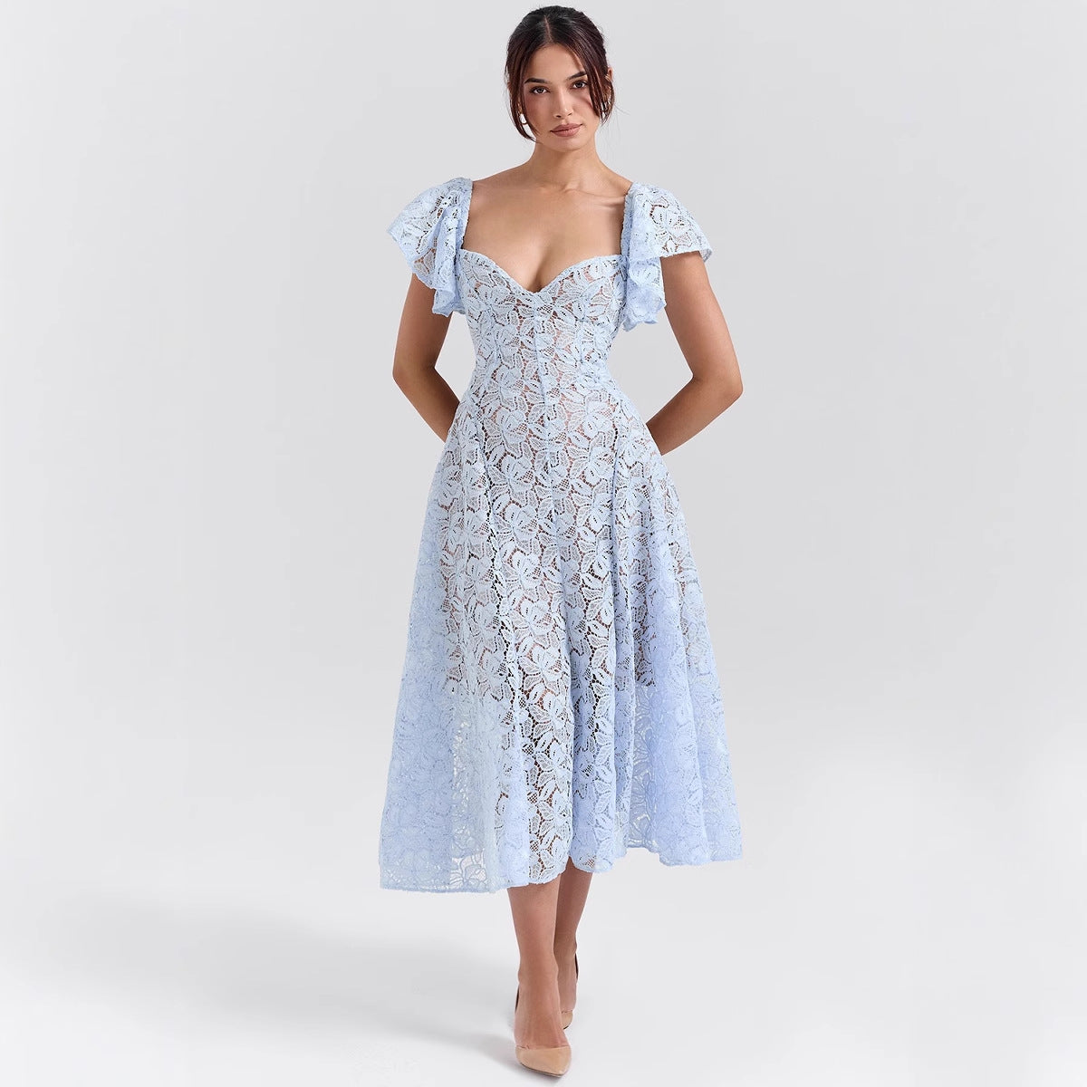 Damen Maxikleid Spitze Rüschen Herzausschnitt
