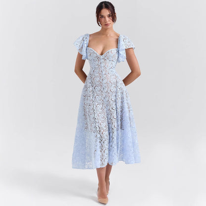 Damen Maxikleid Spitze Rüschen Herzausschnitt