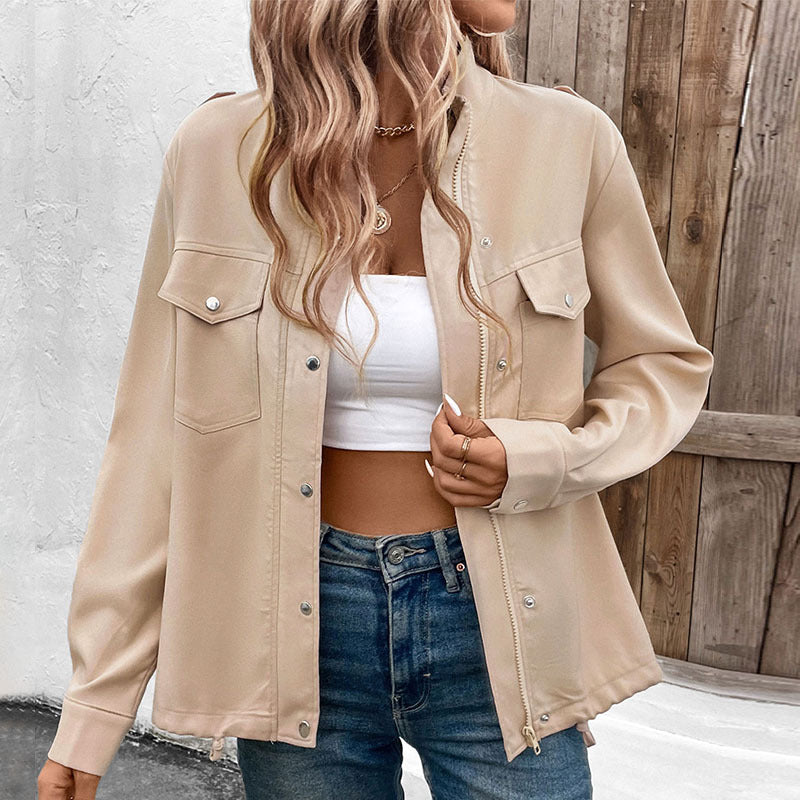 Damen Overshirtjacke Leicht Dekorative Knöpfe Brusttasche Beige