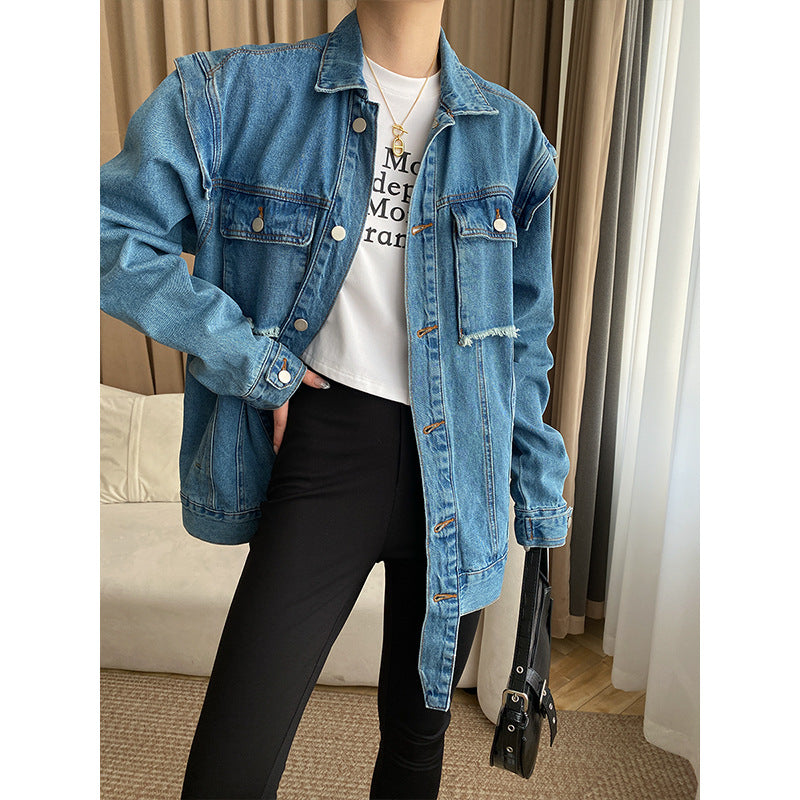 Damen Denim-Jacke Lässig Blau Mit Knöpfen Und Taschen - Norvielle
