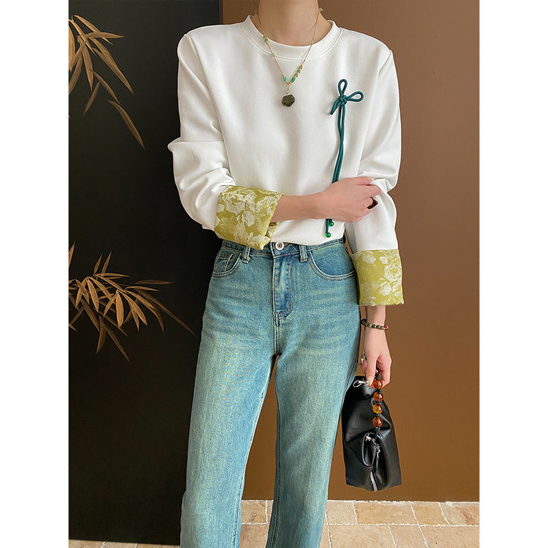 Damen Langarmshirt Floralmuster Weiß - Norvielle