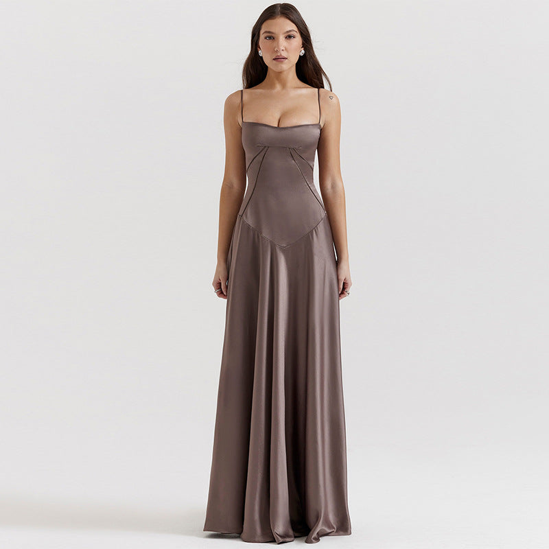 Damen Satin Maxikleid mit Trägern Figurbetont