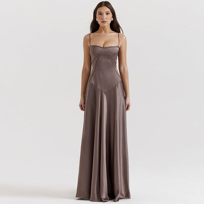 Damen Satin Maxikleid mit Trägern Figurbetont