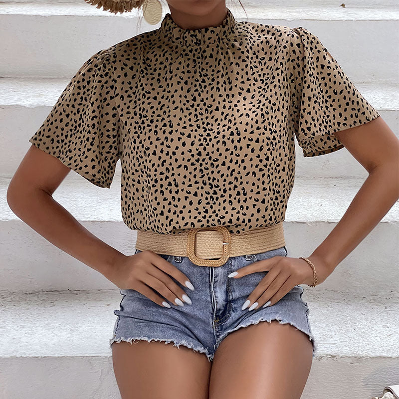 Damen Leopardenbluse Kurzarm Stehkragen