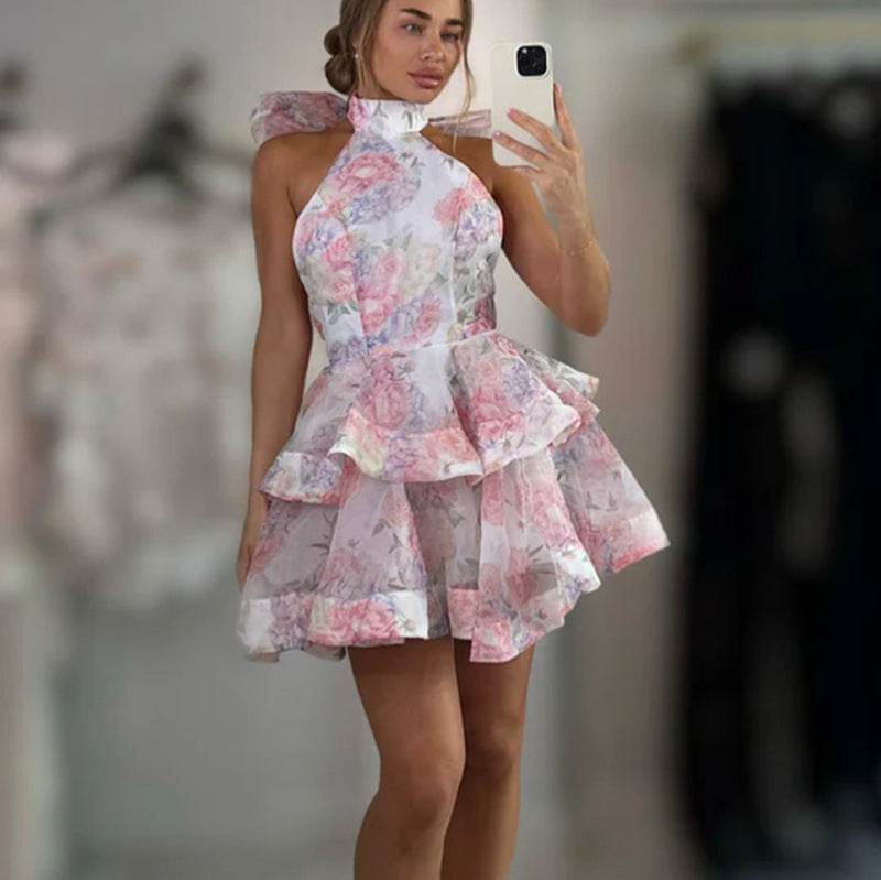 Damen Rüschenkleid Floraler Druck Hochkragen Norvielle - Norvielle