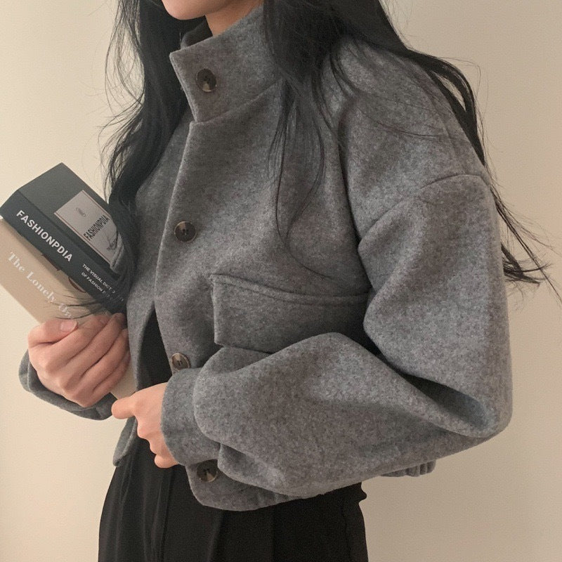 Damen Wollmix Jacke Oversized Lässig Schwarz - Norvielle