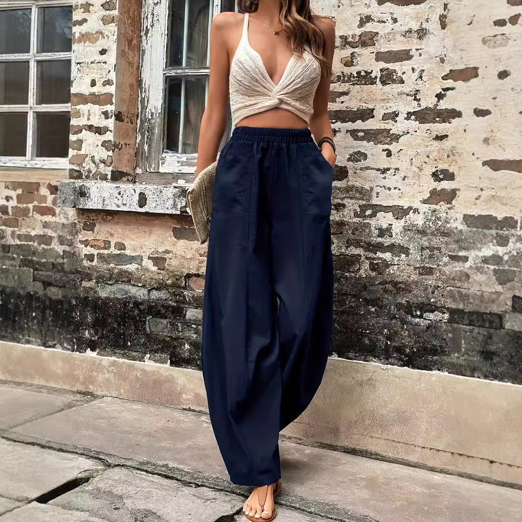 Damen Leinenhose Weit Elastischer Bund